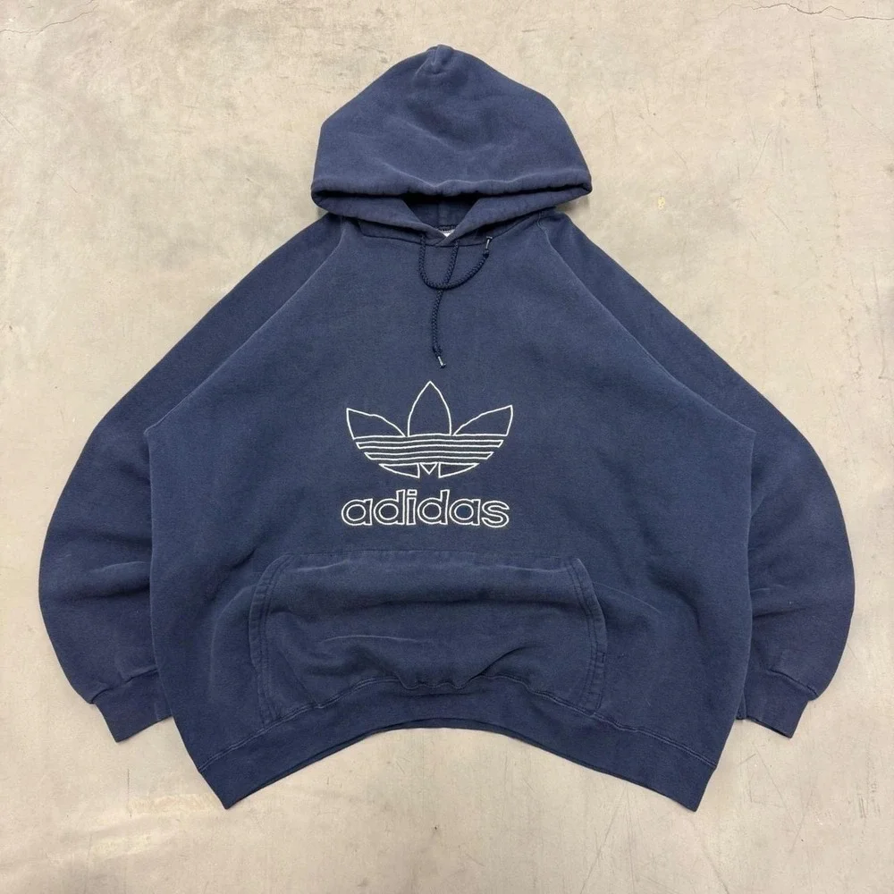 Vintage 90s Adidas Trefoil Hoodie Navy Blue Reverse Weave Made in USA Mens XL